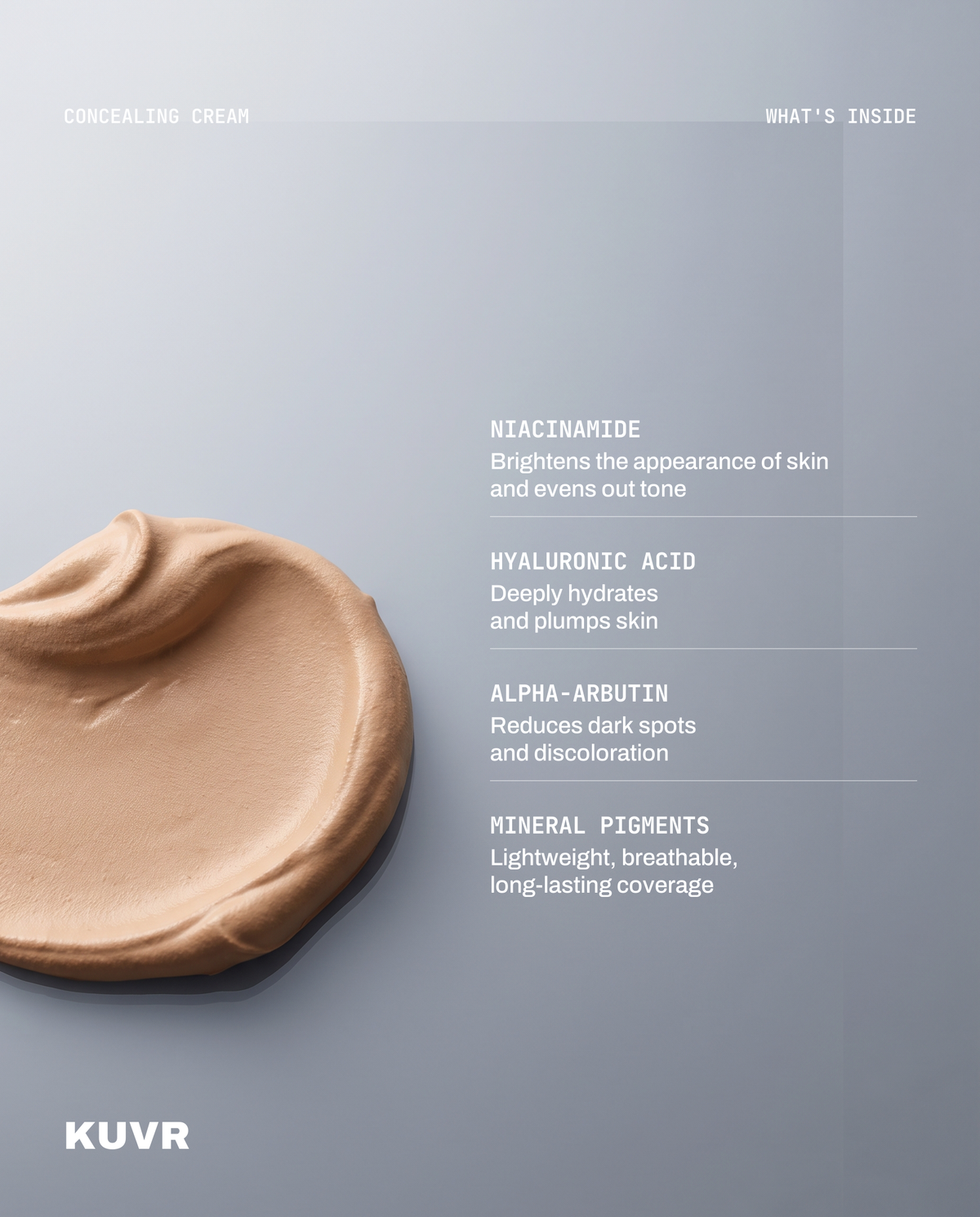 What's inside — Niacinamide, Hyaluronic Acid, Alpha-Arbutin, Mineral Pigments