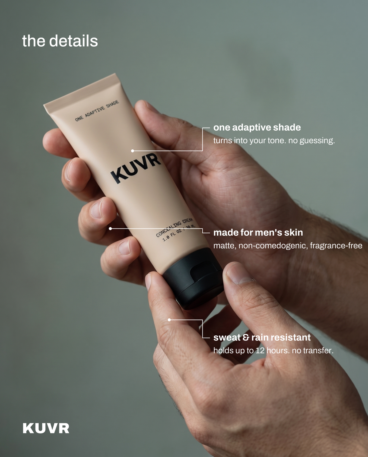 The details — one adaptive shade, made for men's skin, sweat & rain resistant